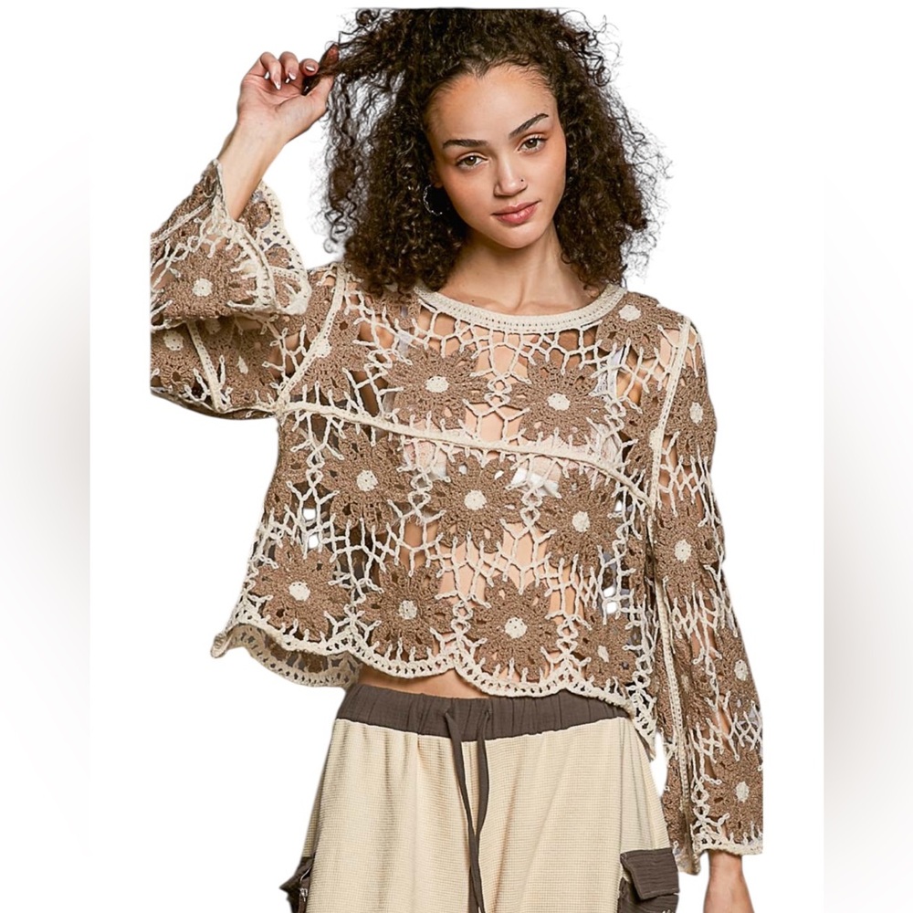 POL 🤩 Mocha Crochet Knit Bell Sleeve Top